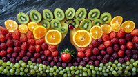 Fresh colorful fruit arrangement with rows of kiwi, orange slices, strawberries, raspberries and grapes creating vibrant pattern on dark background. Food photography.