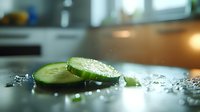 Fresh cucumber slices with water drops on dark surface in soft natural light. Macro food photography with shallow depth of field and bokeh effect.