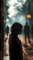Silhouette of woman with flowing hair against misty evening street background with blurred figures and bokeh lights, creating mysterious atmospheric mood.