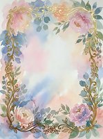 Watercolor floral frame with pink peonies, blue eucalyptus, and ornate gold scrollwork border on white background. Isolated design element suitable for invitations, cards, and stationery projects.