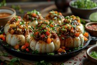 Mini white pumpkins stuffed with savory vegetable filling, garnished with fresh herbs and colorful bell peppers on dark plate, moody food photography.