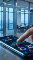Trader analyzing stock market data on smartphone with financial charts and graphs in modern office with glass windows overlooking cityscape.