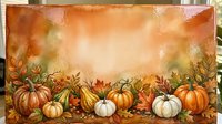 Autumn harvest border with pumpkins, gourds and fall leaves on warm orange watercolor background for seasonal greeting cards and thanksgiving designs.