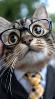 Adorable tabby kitten wearing black-rimmed glasses with yellow tie, close-up portrait for business education concepts and humorous office presentations.
