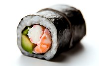 Fresh sushi roll with shrimp, avocado and cucumber wrapped in nori seaweed and white rice, close-up macro shot on white background showing texture and ingredients.