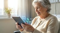 Senior woman with gray hair wearing beige sweater using tablet with health icons displayed, sitting by window with natural light for telemedicine and elderly technology concepts.