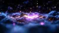 Mystical cosmic landscape with glowing purple and blue nebula clouds, sparkling stars and luminous particles floating in dark space. Dreamy celestial background.