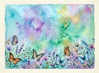 Watercolor spring garden with colorful butterflies and wildflowers on pastel rainbow background for greeting cards and nature designs.