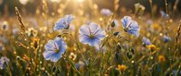 Blue wildflowers blooming in golden sunlight creating dreamy bokeh effect in natural meadow setting for spring and summer nature backgrounds.