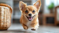 Happy energetic Chihuahua puppy running and jumping with playful expression, floppy ears and bright eyes against blurred home interior background.