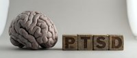 Human brain model next to wooden letter blocks spelling PTSD on neutral background for mental health awareness and medical education concepts.
