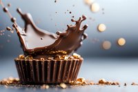 Chocolate splash crown forming over dark chocolate candy cup with crushed nuts and bokeh lights in background, dynamic food photography composition.