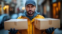 Caucasian male courier in yellow winter jacket delivering food boxes at dusk, wearing protective gloves and beanie hat, urban street with bokeh lights background.
