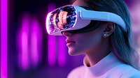 Young Asian woman wearing VR headset experiencing virtual reality technology with purple neon lighting effects for gaming and digital entertainment applications.