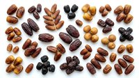 Assorted nuts and dried fruits isolated on white background, including almonds, walnuts, pecans, dates, and raisins for healthy snacking, nutrition, and culinary design projects.