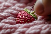 Embroidered raspberry with needle on pink quilted fabric, showcasing detailed needlework and textile craftsmanship for craft and sewing projects.