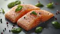 Fresh raw salmon fillets seasoned with pink peppercorns, black pepper, sea salt and basil leaves on dark background, close up view of gourmet seafood preparation.