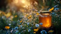 Fresh honey jar glowing in evening sunlight among wildflowers and daisies, natural organic food photography with golden bokeh and blue cornflowers.