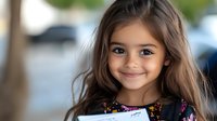 Young Hispanic girl with long brown hair and bright smile wearing floral dress, looking directly at camera with natural outdoor background, expressing joy and innocence.