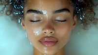Young African American woman with curly hair and closed eyes in dreamy ethereal portrait with glowing sparkles and soft blue lighting creating magical atmosphere.