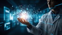 Male scientist in white lab coat holding glowing digital network connections representing data analysis and technological innovation in modern laboratory.