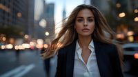 Young Caucasian businesswoman with flowing hair in dark blazer and white shirt walking confidently on urban street with blurred city lights and buildings background.