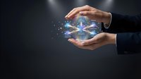 Hands holding glowing digital network globe with connected nodes and light particles, representing global communication, technology innovation, and worldwide business connectivity.