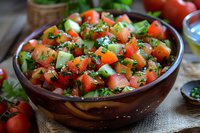 Fresh Mediterranean salad with diced tomatoes, cucumbers, and herbs in rustic ceramic bowl. Vibrant healthy vegetarian dish garnished with chopped parsley.
