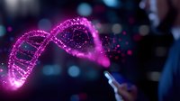 Glowing pink DNA helix structure emerging from smartphone screen with particles and bokeh effect on dark background, representing genetic technology and digital health.