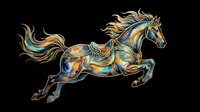 Ornate decorative horse with flowing mane and tail, featuring intricate gold and blue patterned design. Isolated on transparent background, ready for t-shirts, clipart, stickers, sublimation and print-on-demand projects.