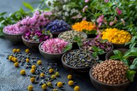 Colorful dried flowers, herbs and spices in ceramic bowls arranged in row on dark background with fresh green leaves and yellow berries for natural medicine.