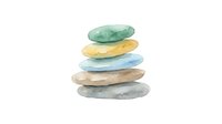 Stacked watercolor stones in soft green, yellow, blue, beige and gray tones isolated on white background for design projects and creative compositions.