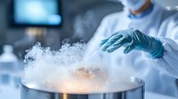 Scientist in protective equipment working with liquid nitrogen in laboratory, creating dramatic vapor effect during experimental research process.