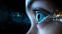 Magical blue eye with glowing sparkles and particles dispersing into darkness, close-up macro photography showing intricate iris details and creative light effects.