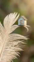 Tiny wooden house perched on delicate feather with soft natural background creating dreamy miniature home concept for real estate and housing dreams.
