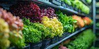 Fresh organic lettuce varieties displayed on grocery store shelves, including red leaf, green leaf, and butter lettuce. Vibrant produce section with crisp vegetables.