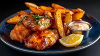 Glazed chicken wings with potato wedges served on dark blue plate, garnished with fresh herbs and lemon slice, accompanied by dipping sauce.