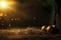 Golden eggs nestled in straw with dramatic lighting and lens flare, creating mystical atmosphere against dark background. Palm leaves add natural element.