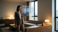 Young Asian businesswoman interacting with holographic digital interface in modern office environment showcasing future technology and innovation.