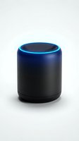 Smart speaker with glowing blue ring light isolated on white background, ready for tech product design, web graphics, and marketing materials.