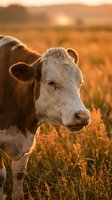 Young brown and white calf grazing in golden sunset field with warm light creating peaceful rural farm scene for agriculture and livestock content.