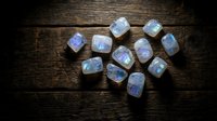 Collection of rainbow moonstone gemstones arranged on rustic wooden background for jewelry making, crystal healing and spiritual practices.