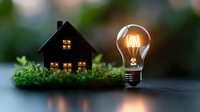 Glowing vintage light bulb next to miniature house model on moss, symbolizing energy efficiency and sustainable home solutions in dark setting.