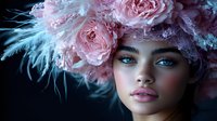 Young mixed race woman with bright blue eyes wearing pink floral headdress with feathers against dark background, dramatic fashion portrait with soft romantic lighting.