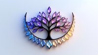 Mystical tree silhouette with crystal leaves in rainbow gradient colors from blue to purple and pink, symmetrical design on light background for spiritual artwork.