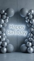 Happy Birthday neon glowing sign framed by silver and gray balloon arch on concrete wall, elegant party decoration backdrop.