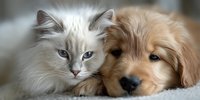 Adorable fluffy kitten and golden retriever puppy cuddling together on soft blanket, perfect friendship between cat and dog companions for pet care content.