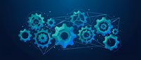 Abstract digital network of interconnected gears and cogs with glowing cyan elements on dark blue background representing technology and automation systems.