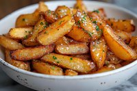 Golden roasted potato wedges with herbs in white ceramic bowl, crispy exterior and tender inside for appetizer or side dish.