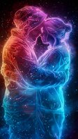 Glowing cosmic silhouettes of loving couple in starry space, gradient from orange to blue neon colors against dark galaxy background with sparkling stars.